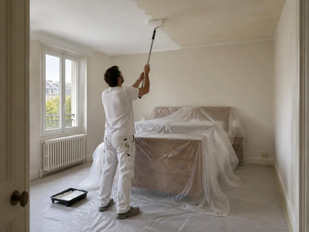 Peintre en blanc qui passe le plafond jauni d’une chambre au rouleau sur perche, lit et commode bâchés au centre, sol protégé